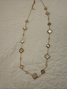 Gold Floral Clover Long Necklace - White/Champagne Inlay